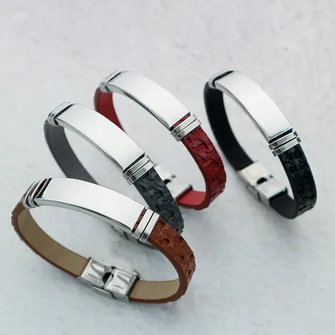 Minimalist Stainless Steel Artificial Leather Bracelet For Couples Polished Metal Bar Engravable Bangle Unisex Hand Jewelry Gift