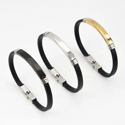 Vintage Edelstahl PU Leder Armband Für Herren Damen Polierter Blanker Metallstab DIY Gravierbar Pärchen Schmuck Geschenk
