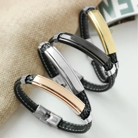 Vintage Geflochtenes Leder Edelstahl Armband Für Damen Herren Paar Handgemachte Polierte Titanstahl Blank ID Platte Schmuck Geschenk