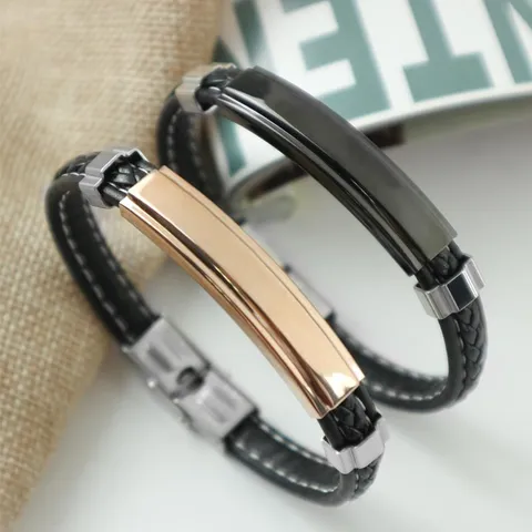 Vintage Geflochtenes Leder Edelstahl Armband Für Damen Herren Paar Handgemachte Polierte Titanstahl Blank ID Platte Schmuck Geschenk