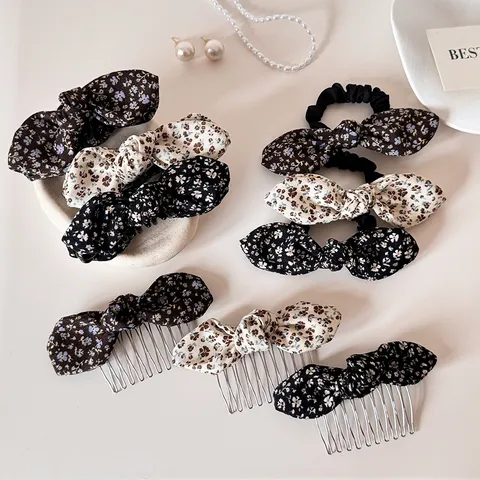 Vintage Floral Bow Hair Clip Elegant Polyester Scrunchie Hair Comb Bowknot Ponytail Holder Accessory For Women Girls Gift