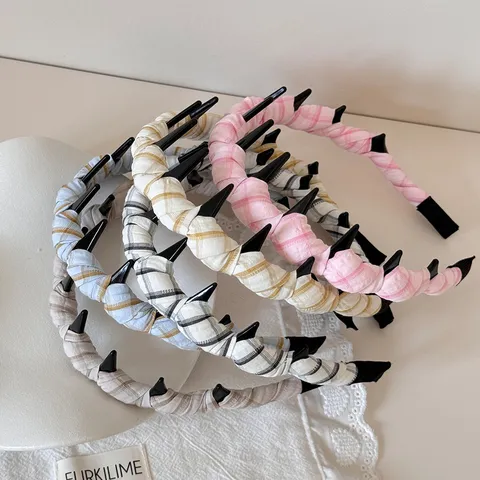 Korean Plaid Cloth Wrapped Headband With Teeth Non-Slip Wavy Hair Hoop Sweet Grid Pattern Hairband For Women Daily Hair Accessories