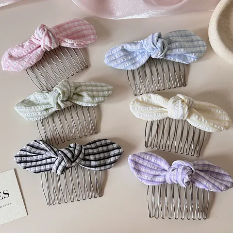 Korean Style Plaid Bow Hair Comb For Women Stainless Steel Fabric Hair Insert Fork Gingham Pattern Hair Accessories For Fixing Broken Hair