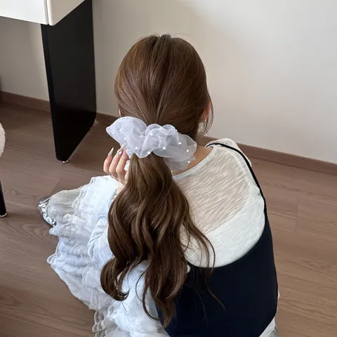 Sweet Lace Artificial Pearl Ruffle Skirt Edge Hair Scrunchie Niche Design Mesh Bow Hair Tie Elegant Versatile Headwear For Women Girls