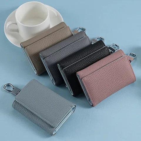 Genuine Leather Key Wallet For Men Women Top Layer Cowhide Multi Functional Folding Coin Purse With Metal Hook Snap Button Business Wallet