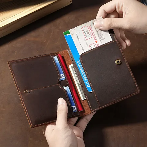 Protège-passeport en Cuir Crazy Horse Rétro Cuir de Vache Première Couche Portefeuille de Voyage Porte-documents Homme Femme