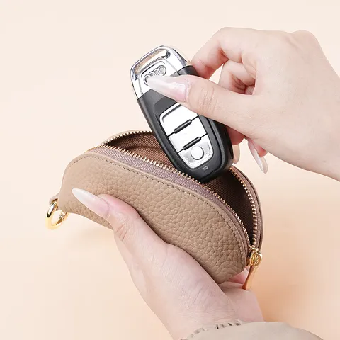 Porte-Monnaie en Cuir Véritable Première Couche Cuir de Vachette Motif Litchi Porte-Clés Mini Pochette Zippée pour Femmes