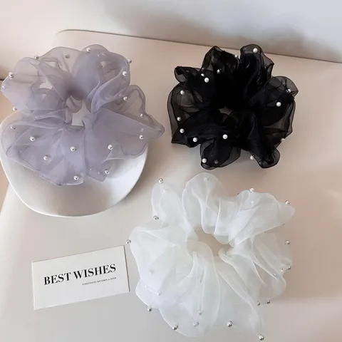 Sweet Lace Artificial Pearl Ruffle Skirt Edge Hair Scrunchie Niche Design Mesh Bow Hair Tie Elegant Versatile Headwear For Women Girls