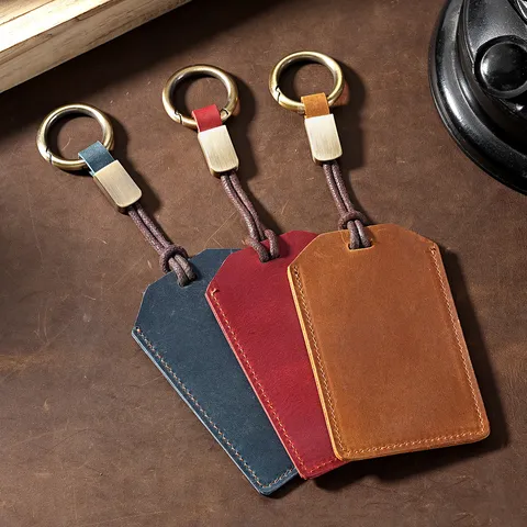 Retro Crazy Horse Cowhide Leather Keychain Card Holder Slim Bus Access ID Card Protection Sleeve Portable Wallet For Unisex