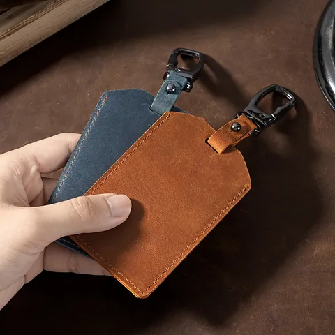 Retro Crazy Horse Cowhide Leather Keychain Card Holder Slim Bus Access ID Card Protection Sleeve Portable Wallet For Unisex