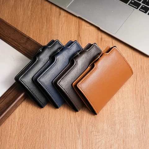 Men RFID Blocking Pop-Up Card Holder Aluminum Alloy PU Leather Slim Wallet Automatic Ejection Bank Credit Card Case Organizer