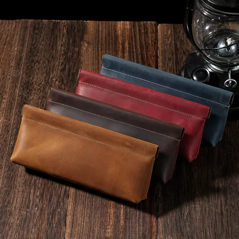 Trousse à Crayons en Cuir Véritable Crazy Horse Rétro Avec Fermoir Cliquet Automatique Pochette de Rangement Multifonctionnelle