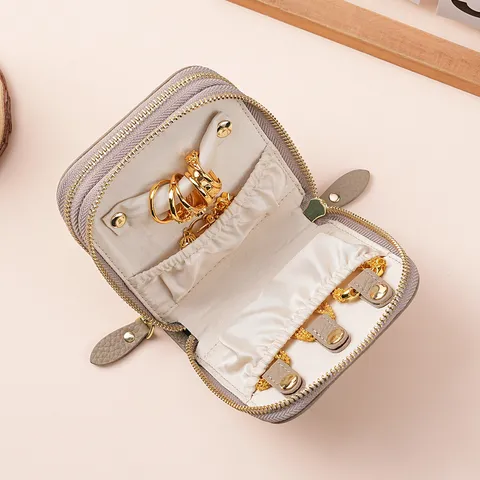 Portable Top Layer Cowhide Jewelry Organizer Box Double Layer Zipper Travel Jewelry Storage Case For Rings Necklaces Bracelets