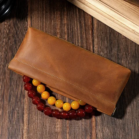 Trousse à Crayons en Cuir Véritable Crazy Horse Rétro Avec Fermoir Cliquet Automatique Pochette de Rangement Multifonctionnelle