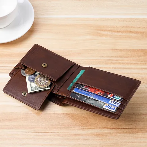 Cartera Corta para Hombre de Cuero de Vaca Genuino con Cera de Aceite Vintage con Bolsillo para Monedas Bloqueo RFID Business