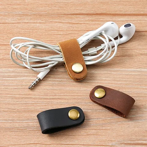 Organizzatore per Cavi in Vera Pelle Crazy Horse Avvolgicavo Vintage con Bottone in Metallo per Auricolari USB HDMI Cavi Computer