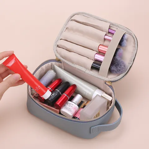 Women Genuine Leather Cosmetic Bag Lychee Pattern First Layer Cowhide Makeup Organizer Travel Toiletry Bag Heart Zipper Pull