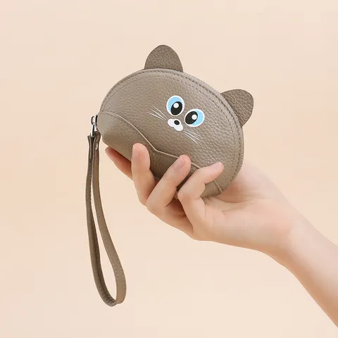 Lindo Monedero de Cuero de Vaca Forma de Gato Para Mujeres Niños Correa de Muñeca Desmontable Mini Billetera de Cuero Genuino Pequeño Estuche
