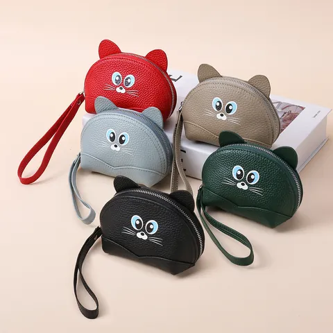 Lindo Monedero de Cuero de Vaca Forma de Gato Para Mujeres Niños Correa de Muñeca Desmontable Mini Billetera de Cuero Genuino Pequeño Estuche