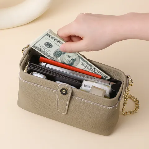 Genuine Leather Toiletries Bag For Women Detachable Chain Strap Litchi Pattern First Layer Cowhide Shoulder Crossbody Makeup Bag Organizer