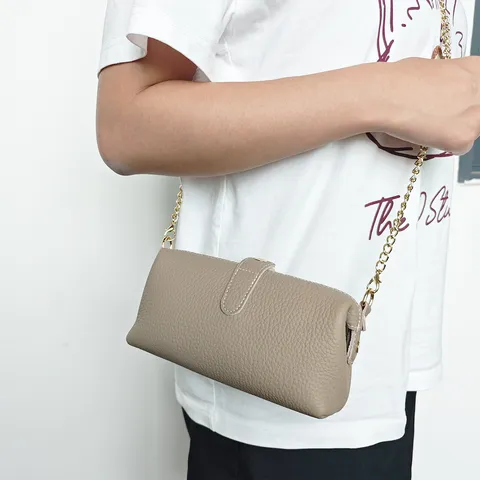 Genuine Leather Toiletries Bag For Women Detachable Chain Strap Litchi Pattern First Layer Cowhide Shoulder Crossbody Makeup Bag Organizer