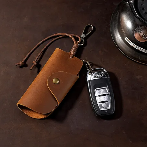 Vintage Crazy Horse Leather Car Key Case For Men Women Cowhide Key Organizer Bag Protective Pouch With Hook Braided Strap
