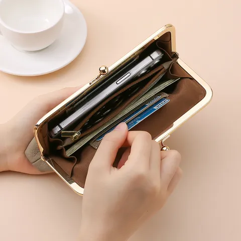 Women Genuine Leather Kiss Lock Clutch Wallet Gold Alloy Frame Lychee Grain Long Handheld Evening Bag Retro Purse
