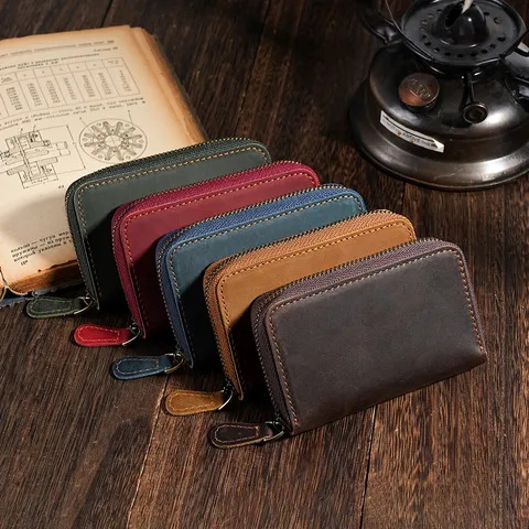 Vintage Crazy Horse Genuine Leather Key Wallet For Men Women Retro Top Grain Cowhide Zipper Key Case Holder Daily Home Key Organizer