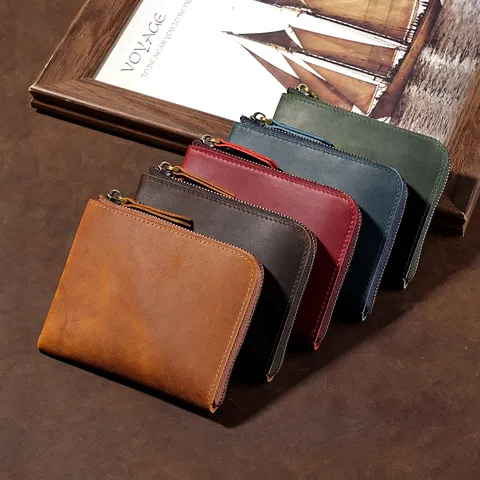 Genuine Crazy Horse Leather Mini Coin Purse Vintage Zipper Small Wallet Card Holder For Men Women Retro Change Pouch