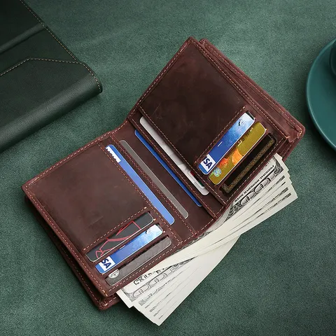 Cartera de Hombre de Cuero Crazy Horse Vintage Cuero de Vaca Genuino Bifold Delgada Negocios Monedero Corto Retro Portatarjetas