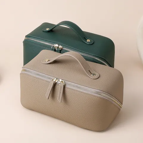 Damen Echtleder Kosmetiktasche Top-Grain-Rindsleder Kulturbeutel Doppelreißverschluss Litschikorn Große Kapazität Tragbarer Make-up Organizer