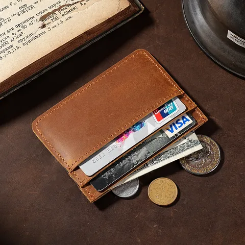 Porte-cartes Mince Mini en Cuir Crazy Horse Vintage Pour Hommes Femmes Étui en Cuir Véritable pour Cartes de Crédit et D'identité Portefeuille Minimaliste Ultra Mince