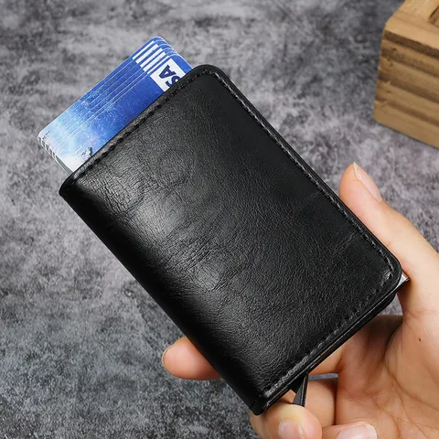 Minimalist Aluminum Alloy PU Leather RFID Blocking Automatic Pop Up Card Case Wallet Money Clip Bifold Card Holder Gift For Men Women