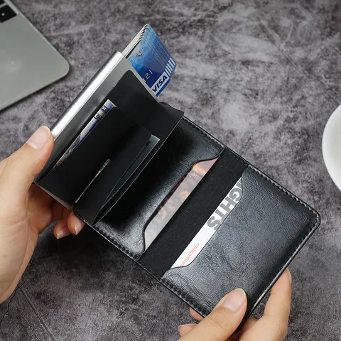 RFID Blocking Automatic Pop Up Card Holder Aluminum Alloy Slim Wallet PU Leather Credit Card Case For Men Women Business Mini Purse