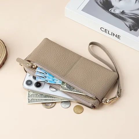 Portefeuille Long en Cuir Véritable pour Femmes Pochette de Téléphone Grande Capacité Avec Dragonne Sac à Main à Trois Fermetures Éclair