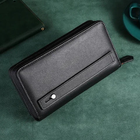 Pochette pour Hommes en Cuir Véritable Portefeuille Long Business Sac à Main en Vachette Multifonctionnel avec Fermeture Éclair Retro