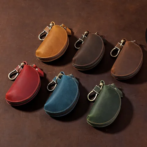 Vintage Crazy Horse Leather Car Key Case Retro Top Grain Cowhide Zipper Key Holder Portable Keychain Pouch Key Storage Organizer