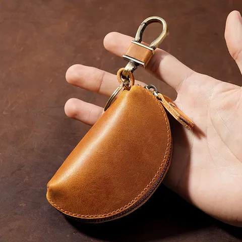 Vintage Crazy Horse Leather Car Key Case Retro Top Grain Cowhide Zipper Key Holder Portable Keychain Pouch Key Storage Organizer