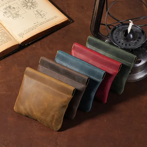 Mini Porte-monnaie Vintage en Cuir de Vachette Pleine Fleur Fermeture à Ressort Étui Écouteurs en Cuir Crazy Horse Pochette Maquillage Rouge à Lèvres Homme Femme