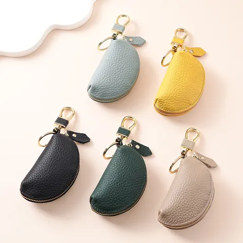 Étui à Clés de Voiture en Cuir de Vachette Véritable Texture Litchi Porte-Monnaie Zippé Portefeuille à Clés Portable Avec Crochet