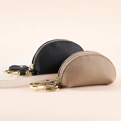 Étui à Clés de Voiture en Cuir de Vachette Véritable Texture Litchi Porte-Monnaie Zippé Portefeuille à Clés Portable Avec Crochet
