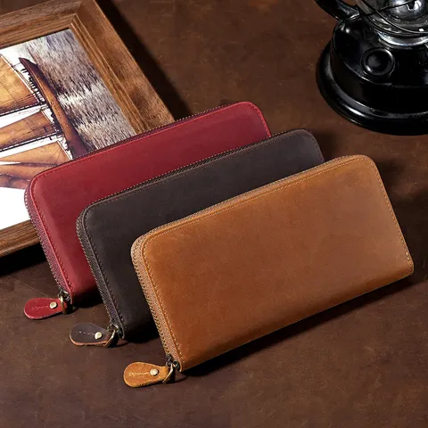 Vintage Crazy Horse Genuine Leather Long Wallet For Men Women Large Capacity Zip Around Clutch With RFID Blocking Mobile Phone Pocket