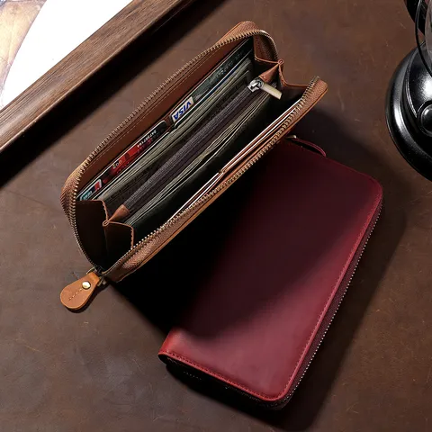 Vintage Crazy Horse Genuine Leather Long Wallet For Men Women Large Capacity Zip Around Clutch With RFID Blocking Mobile Phone Pocket