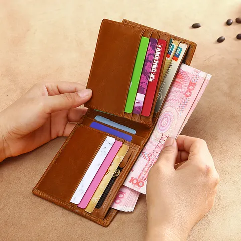 Cartera Corta para Hombre de Cuero de Vaca de Grano Superior Genuino Retro Bloqueo RFID Bifold Monedero Cuero Encerado Gran Capacidad Multi Ranuras Tarjetas