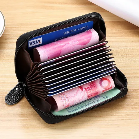 Cartera Tarjetero de Cuero Genuino para Mujer Hombre Patrón de Lichi Cuero de Vaca Cremallera Estilo Acordeón Estuche para Tarjetas de Crédito Organizador