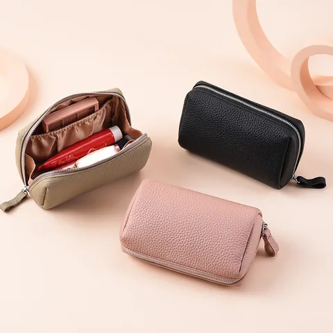 Bolsa de Cosméticos de Cuero de Vaca Genuino para Mujer Textura de Lichi Neceser de Maquillaje Estuche de Viaje con Cremallera Estilo Dulce