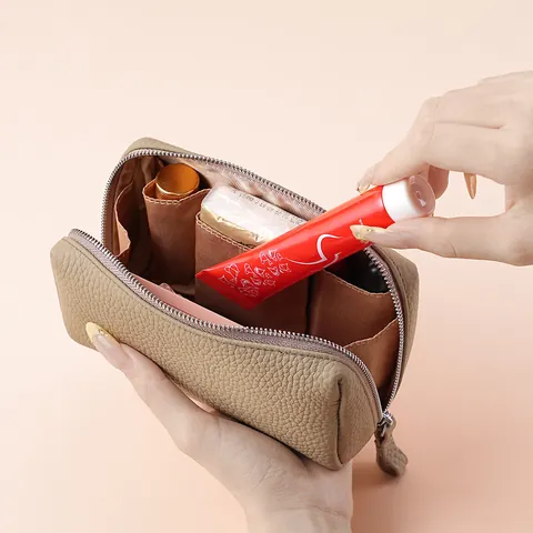 Bolsa de Cosméticos de Cuero de Vaca Genuino para Mujer Textura de Lichi Neceser de Maquillaje Estuche de Viaje con Cremallera Estilo Dulce