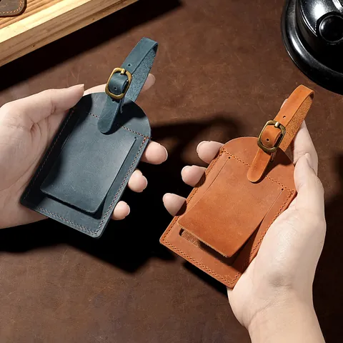 Retro Crazy Horse Leather Luggage Tag Genuine Leather Travel ID Tag With Hidden Privacy Flip Cover And Metal Buckle Strap