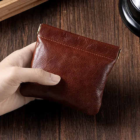 Porte-monnaie en Cuir Véritable Rétro Vintage Pochette à Bijoux en Cuir Ciré Fermeture Automatique Mini Portefeuille Homme Femme