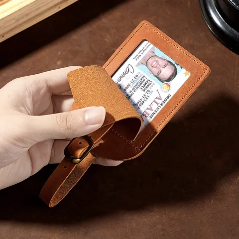 Retro Crazy Horse Leather Luggage Tag Genuine Leather Travel ID Tag With Hidden Privacy Flip Cover And Metal Buckle Strap